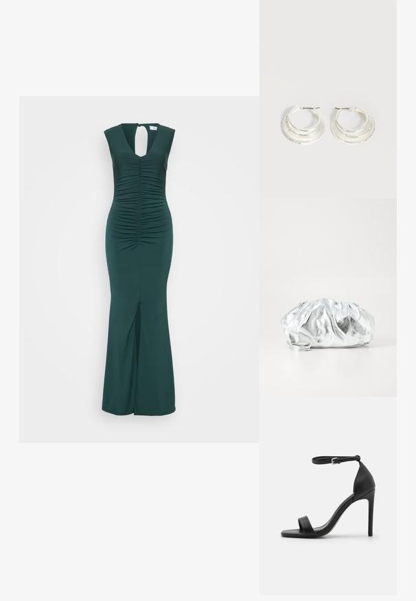 Mørkegrøn, ærmeløs kjole med rynket bodice, nøglehul ryg og slids foran. Glat stof med en tætsiddende silhuet, gulvlængde design.; Sort højhælet sandal med et sleek design, der har en ankelrem, åben tå og glat lædertekstur.; Metallisk sølv clutch taske med en blød, samlet krop og en tynd skulderrem. Har en glat, skinnende overflade og rund form.; Sølv hoop øreringe med tre lagdelte halvcirkelformede bånd, hvoraf det ene er udsmykket med små klare krystaller på en lys baggrund.