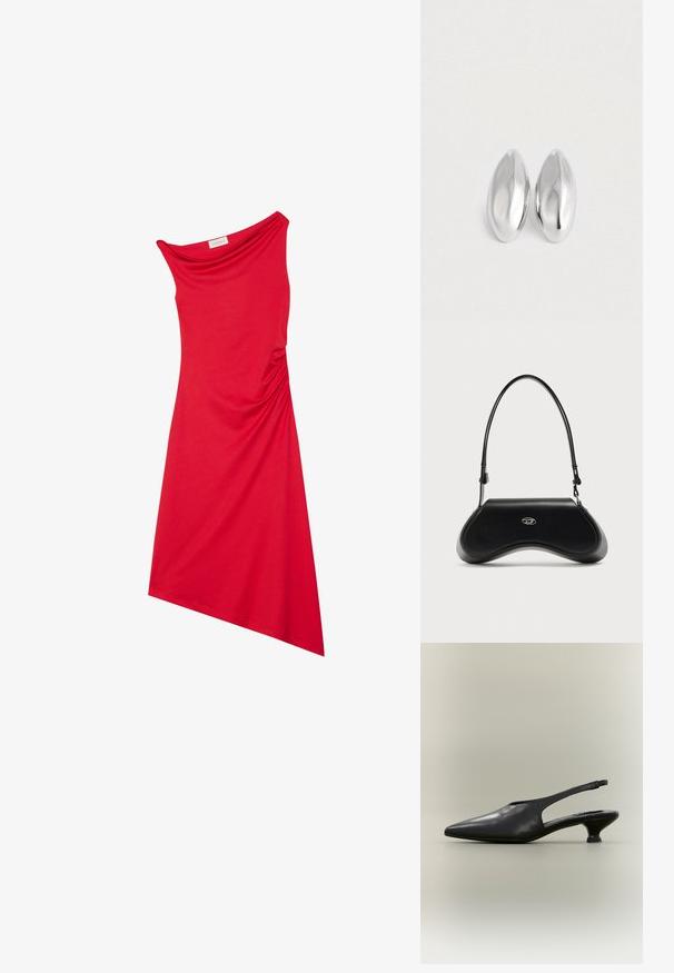 Robe rouge à une épaule en tissu lisse. Présente un design drapé avec un détail froncé à la taille et un ourlet asymétrique.; Chaussure à bride arrière en cuir noir avec bout pointu et petit talon bas sur fond neutre.; Sac à bandoulière en cuir noir avec fond incurvé, logo ovale argenté à l'avant et sangle fine réglable sur fond blanc.; Paire d'objets ovales en argent luisant et lisse disposés côte à côte sur un fond blanc uni.