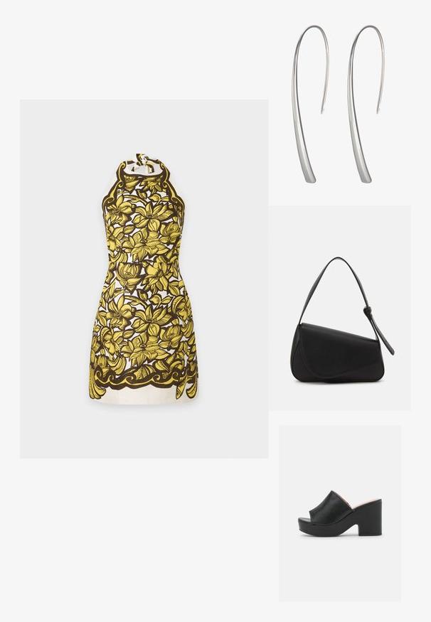 Robe sans manches à col halter avec motif floral jaune et contours noirs sur fond blanc, longueur genou avec détail d'ourlet arrondi.; Des mules ouvertes en cuir noir présentent une large lanière avant et un talon en plateforme épais et haut avec une texture lisse. Vue de côté présentée.; Sac à main en cuir noir de forme triangulaire, avec un rabat incliné et une poignée supérieure arrondie. Il présente une texture lisse et des détails de design minimalistes.; Boucles d'oreilles pendantes en argent long avec un design élégant et allongé et une surface lisse et polie. Présente une forme courbée minimaliste.