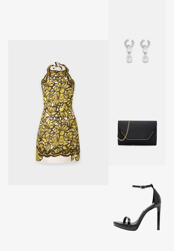 Robe sans manches à col halter avec motif floral jaune et contours noirs sur fond blanc, longueur genou avec détail d'ourlet arrondi.; Steve Madden MILANO - Sandales à talons hauts - black; Pochette noire au toucher lisse, dotée d'une chaîne en or et d'une fermeture à rabat géométrique rehaussée de doré.; Boucles d'oreilles en argent avec un design de créole texturée, ornées de deux cristaux en forme de goutte d'eau transparents et d'un plus petit cristal carré en bas.