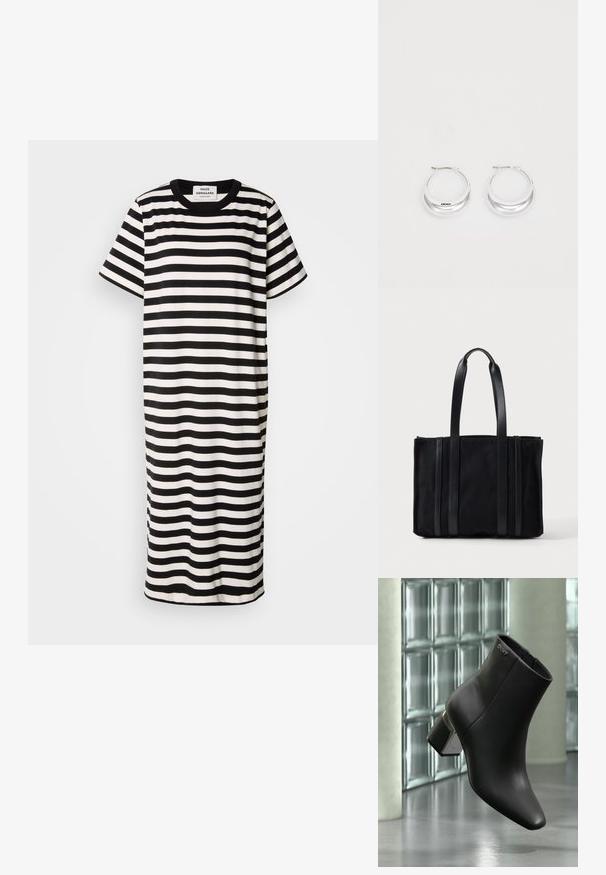 Vestido de camiseta a rayas en blanco y negro, de manga corta, con escote redondo, a la altura de la rodilla, hecho de tela suave con un ajuste relajado.; Botín de cuero negro con tacón cuadrado, logo DKNY cerca de la parte superior, exhibido frente a una pared de bloques de vidrio y suelo de hormigón pulido.; Bolso tote rectangular negro con dos asas largas y acentos verticales de cuero en la parte delantera, sobre un fondo claro y liso.; Pendientes de aro de plata con un acabado pulido y la marca DKNY, exhibidos sobre un fondo blanco liso.