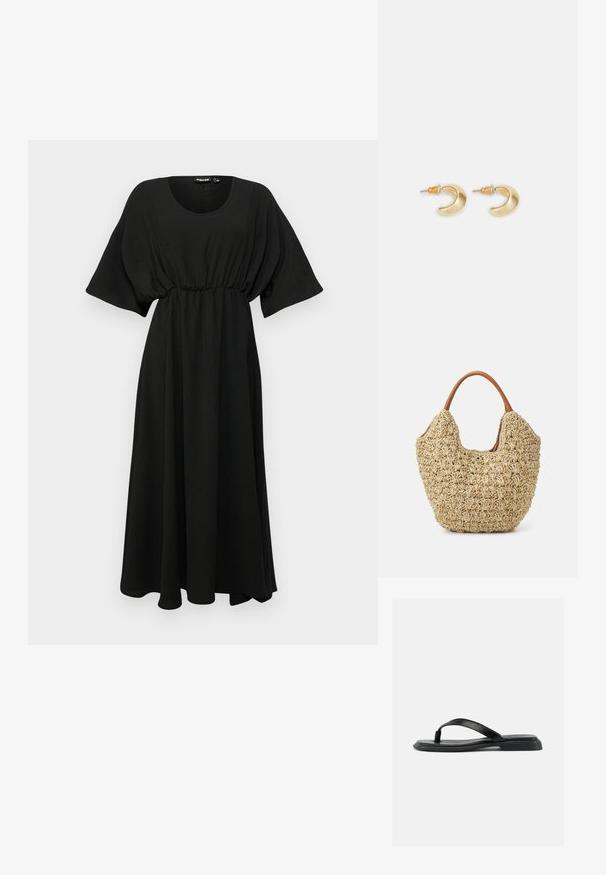 Vestido negro de longitud a la rodilla con mangas cortas y anchas, cintura fruncida y tejido ligero. Presenta una textura suave y un escote redondo simple.; Sandalia plana negra tipo tanga con tira texturizada y tacón ligeramente elevado, mostrada de perfil sobre un fondo liso claro.; Bolsa de tote de paja trenzada con una textura natural y una forma suave y orgánica, con asas de cuero marrón para un fácil transporte.; Pendientes en forma de media luna de oro con un acabado suave, que presentan acentos naranjas cerca del pasador y herrajes de plata.