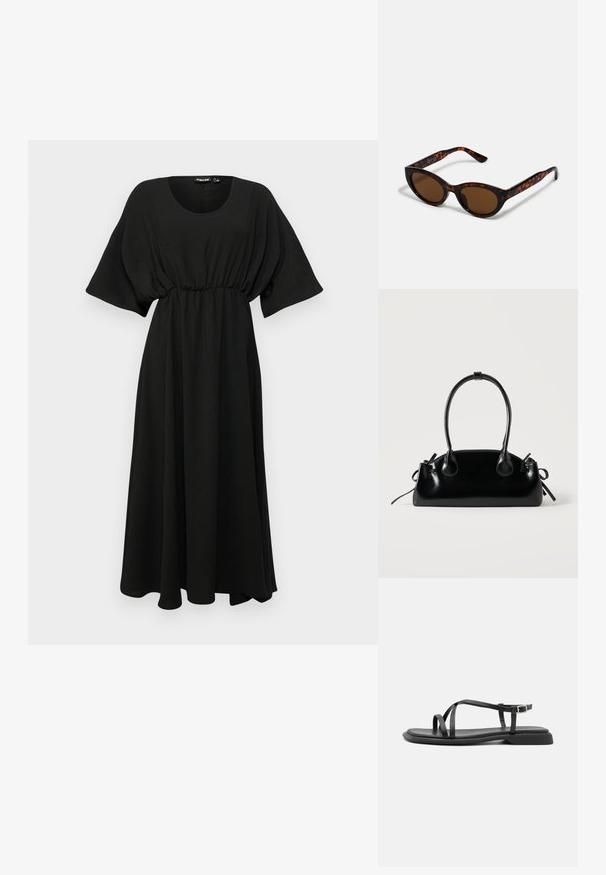 Vestido negro de longitud a la rodilla con mangas cortas y anchas, cintura fruncida y tejido ligero. Presenta una textura suave y un escote redondo simple.; Sandalias planas negras con tiras ajustables finas, con una pala rectangular y un acabado mate texturizado. Presentan un tacón bajo ligeramente cuadrado.; Gafas de sol de carey marrón con una forma vintage de ojo de gato y lentes marrones. Presentan brazos curvados con acentos rojos.; Pequeño bolso negro brillante con dos asas largas y detalles de cordón lateral sobre un fondo claro liso.