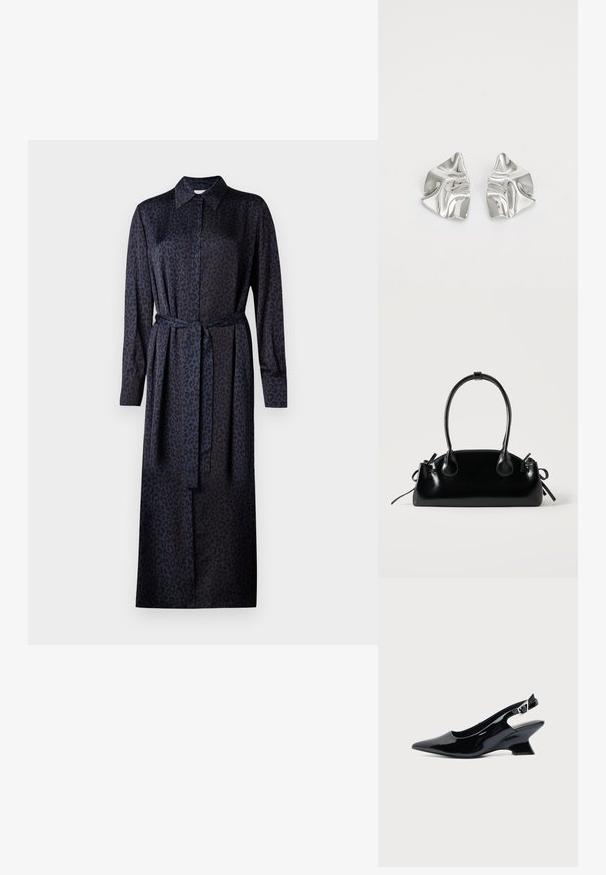 Leopardprint jurk in donkerblauw en zwart, met een kraag, lange mouwen, knoopsluiting en een bijpassende riem van stof in de taille.; Zwarte lakleren slingback schoen met spitse neus en lage schuine blokhak op een effen lichte achtergrond.; Kleine zwarte glanzende handtas met twee lange hengsels en zijkant trekkoord details op een effen lichte achtergrond.; Zilveren metalen oorbellen met een golvend, sculpturaal ontwerp, voorzien van een gepolijste afwerking en onregelmatige vormen, die een hedendaagse esthetiek benadrukken.