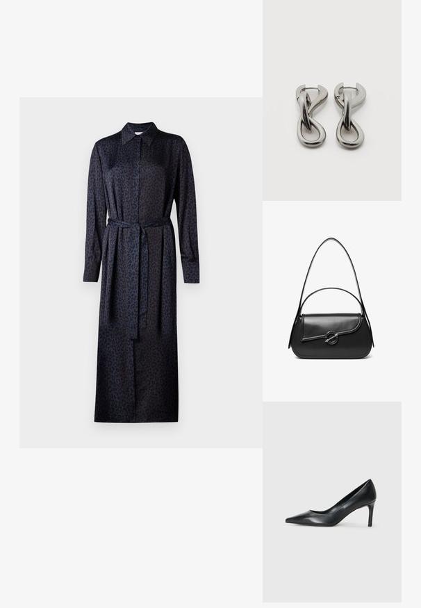 Robe en imprimé léopard bleu foncé et noir, avec un col, des manches longues, une fermeture à boutons et une ceinture en tissu assortie à la taille.; Escarpin noir en cuir à bout pointu avec un talon fin, texture lisse et sans embellissements visibles. Design épuré avec une esthétique minimaliste.; Sac à bandoulière en cuir noir avec un rabat incurvé fermé par un fermoir métallique rond et une sangle fine et ajustable.; Paire de boucles d'oreilles en métal argenté avec un motif abstrait d'anneaux entrelacés sur fond blanc.
