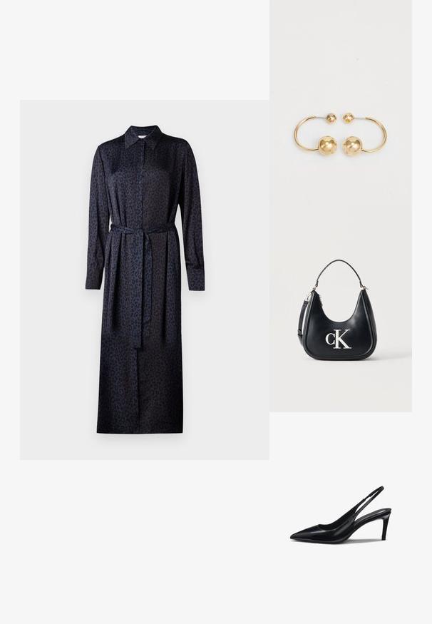 Leopardprint jurk in donkerblauw en zwart, met een kraag, lange mouwen, knoopsluiting en een bijpassende riem van stof in de taille.; Zwart leren slingback-pumps met puntige neus, een slanke naaldhak en een smalle band rond de hiel.; Zwarte leren schoudertas met zilveren "cK"-logo, gebogen silhouet, kort hengsel en afneembare langere band op effen achtergrond.; Gouden metalen oorbellen met een circulair ontwerp met twee bollen, één grotere met textuur en een kleinere gepolijste bal aan de bovenkant.