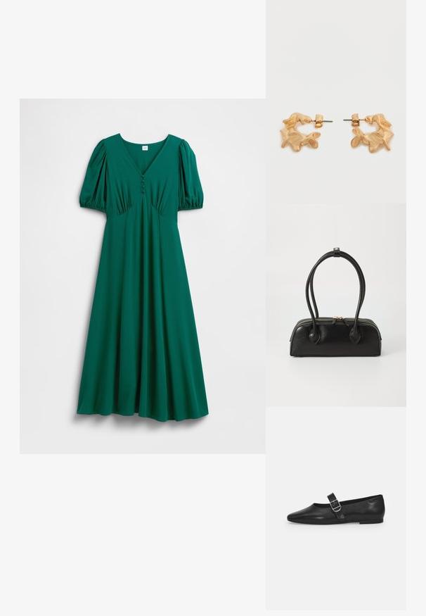 Robe verte mi-longue avec un col en V, des manches bouffantes et des boutons décoratifs à l'avant, réalisée en tissu lisse, avec une jupe fluide.; Chaussure plate en cuir noir avec un bout arrondi, une seule sangle réglable à boucle et une texture lisse et brillante. Design minimaliste avec un petit talon.; Sac à main en cuir noir avec deux anses allongées, fermeture éclair et forme arrondie ; texture lisse avec une finition légèrement brillante.; Boucles d'oreilles dorées avec une forme abstraite et organique, présentant une surface texturée et une fermeture à poussette.