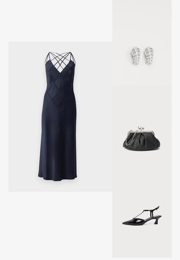 Robe en satin bleu marine avec une silhouette ajustée, présentant un décolleté à bretelles croisées et un motif de losanges matelassé sur le devant. Longue longueur.; Chaussure slingback en cuir verni noir à bout pointu avec bride en T et petit talon bloc incliné sur fond blanc.; Porte-monnaie en cuir noir avec texture froncée, cadre en métal argenté, fermeture à verrouillage kiss-lock et bandoulière en chaîne. Surface lisse et douce.; Boucles d'oreilles en clip argentées avec un design en spirale, présentant une texture métallique lisse et des formes arrondies. Pas d'embellissements ou de motifs visibles.