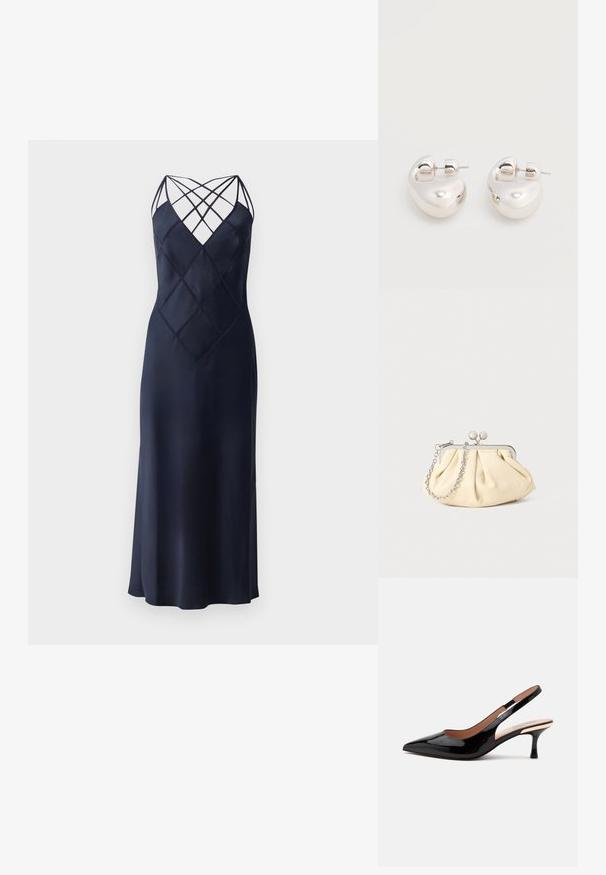 Navy satijnen jurk met een aansluitende silhouette, voorzien van een crisscross schouderband-halslijn en een diamant-quiltpatroon aan de voorkant. Lange lengte.; Zwarte lakleren slingback pump met puntige neus en lage kittenheel op een eenvoudige witte achtergrond.; Geplooide beige leren clutch met een zilveren metalen frame, voorzien van twee ronde decoratieve sluitingen en een zilveren kettingriem.; Een paar glanzende zilveren dikke creolen met post-sluitingen op een effen witte achtergrond.