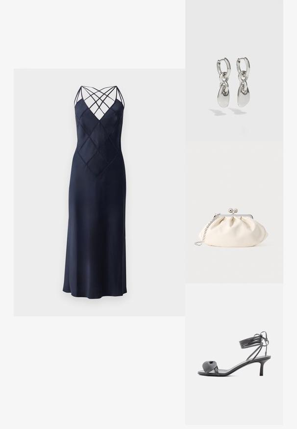 Robe en satin bleu marine avec une silhouette ajustée, présentant un décolleté à bretelles croisées et un motif de losanges matelassé sur le devant. Longue longueur.; Sandale à talon en cuir gris avec une bride nouée sur les orteils et des lacets enroulants autour de la cheville, sur un talon moyen et fin, sur fond blanc.; Pochette en tissu crème avec un design froncé, cadre en métal argenté, deux boules décoratives, et une bandoulière chaîne argentée.; Boucles d'oreilles en argent avec des maillons ovales allongés, présentant une finition polie et un pendentif tombant texturé. Design simple avec des bords lisses.