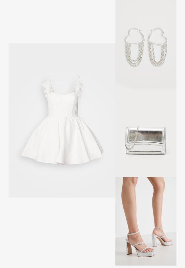 Un vestido blanco con un cuerpo ajustado y una falda acampanada. Presenta acentos de plumas en los tirantes y una tela suave y texturizada.; Sandalias de tacón alto de plataforma plateada con correas para el tobillo, material texturizado, tacón ancho en bloque y hebillas ajustables.; Bolso de mano metálico plateado con textura suave, cierre de solapa y cadena para el hombro. Presenta un diseño rectangular estructurado y acentos cosidos.; Pendientes de aro plateados en forma de corazón, con hebras en cascada de strass transparentes que aportan un brillo y textura adicionales.
