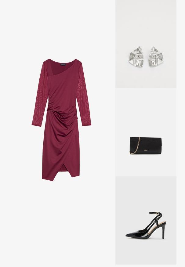 Vestido burdeos con mangas largas y transparentes, escote asimétrico, cuerpo drapeado y detalles fruncidos en la cintura, con un dobladillo hasta la rodilla.; Zapato de charol negro de tacón alto, tipo slingback, con punta afilada, correa ajustable en el tobillo y lados abiertos. Textura lisa.; Bolso de mano negro hecho de ante con un acabado texturizado, que presenta una cadena dorada y un diseño elegante y angular.; Pendientes de metal plateado con un diseño ondulado y escultórico, que presentan un acabado pulido y formas irregulares, destacando una estética contemporánea.