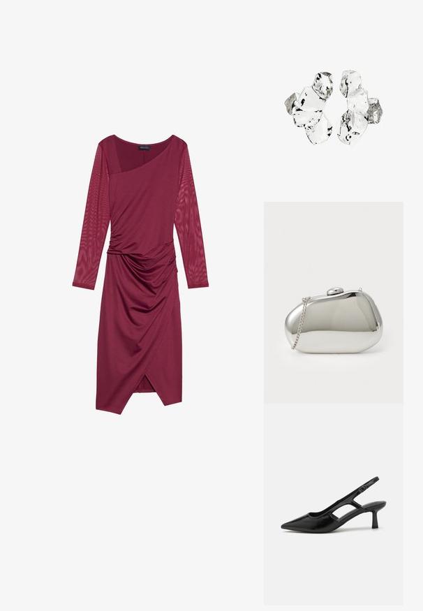 Vestido burdeos con mangas largas y transparentes, escote asimétrico, cuerpo drapeado y detalles fruncidos en la cintura, con un dobladillo hasta la rodilla.; Tacones de slingback negros con punta afilada, hechos de material brillante, que presentan acentos recortados y un tacón moderado para mayor soporte.; Clutch de metal plateado con forma redondeada y suave. Cuenta con un cierre de broche y una cadena desmontable. Superficie reflectante sin patrones.; Conjunto de seis piezas de forma irregular, translúcidas y reflectantes, similares al vidrio, dispuestas sobre un fondo blanco.
