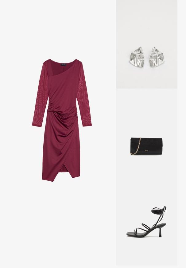 Vestido burdeos con mangas largas y transparentes, escote asimétrico, cuerpo drapeado y detalles fruncidos en la cintura, con un dobladillo hasta la rodilla.; Sandalia negra de tiras con punta cuadrada, lazos ajustables en el tobillo y un tacón bloque delgado. Fabricada con un material suave y duradero.; Bolso de mano negro hecho de ante con un acabado texturizado, que presenta una cadena dorada y un diseño elegante y angular.; Pendientes de metal plateado con un diseño ondulado y escultórico, que presentan un acabado pulido y formas irregulares, destacando una estética contemporánea.
