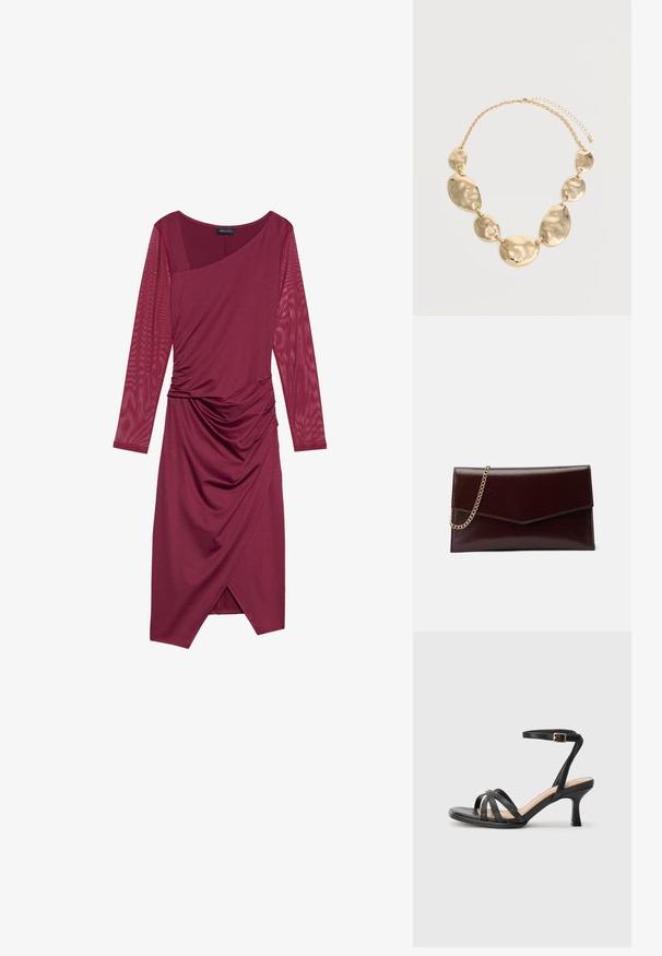 Vestido burdeos con mangas largas y transparentes, escote asimétrico, cuerpo drapeado y detalles fruncidos en la cintura, con un dobladillo hasta la rodilla.; Sandalias negras de tacón alto con múltiples tiras finas en la parte delantera, una sola tira en el tobillo con un hebilla dorada y punta cuadrada.; Bolso de mano de cuero en burdeos oscuro con diseño de sobre. Presenta una cadena dorada, textura suave y cierre en forma de punta.; Collar cadena en tono dorado con seis placas metálicas irregulares, ovaladas y redondas martilladas, enlazadas entre sí y con cierre ajustable.