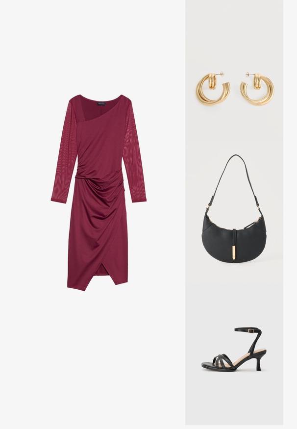 Vestido burdeos con mangas largas y transparentes, escote asimétrico, cuerpo drapeado y detalles fruncidos en la cintura, con un dobladillo hasta la rodilla.; Sandalias negras de tacón alto con múltiples tiras finas en la parte delantera, una sola tira en el tobillo con un hebilla dorada y punta cuadrada.; Bolso negro en forma de media luna con una sola correa, cremallera dorada y una lengüeta decorativa rectangular dorada en la parte delantera.; Par de pendientes de aro doble brillante de oro con cierres de presión sobre un fondo blanco.