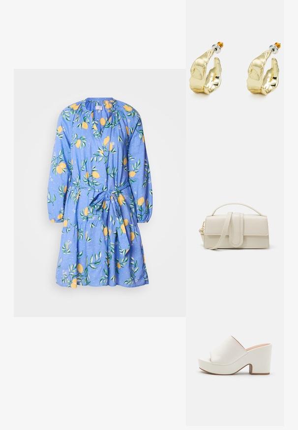 Robe bleue avec un motif de citron et de feuilles, à manches longues, avec un col froncé et une ceinture à la taille. Fabriquée en tissu léger avec une jupe évasée.; Mules à plateforme blanches avec une finition lisse, un design ouvert à l'avant et un talon épais. Présentent une couture supérieure subtile et une semelle contrastante.; Sac à main en cuir couleur crème, de forme rectangulaire, avec une poignée plate et une bandoulière détachable ; présente un rabat à l'avant avec une fermeture magnétique.; Boucles d'oreilles dorées en forme de mains abstraites, avec une surface brillante, des détails complexes et un fermoir en argent et or pour un maintien sécurisé.
