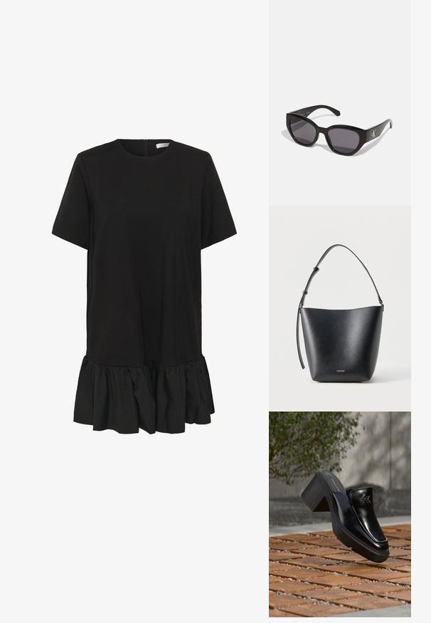Robe noire à manches courtes avec encolure ronde et ourlet volanté, fermeture éclair au dos.; Mule slip-on en cuir noir Calvin Klein avec talon bloc reposant sur des carreaux en bois à l'extérieur près d'une plante verte et d'un mur gris.; Lunettes de soleil noires au design lisse et angulaire, avec des verres foncés et un logo en argent contrastant sur le côté. Texture en plastique lisse.; Sac seau en cuir noir avec bandoulière réglable et petit logo Calvin Klein doré sur le devant.
