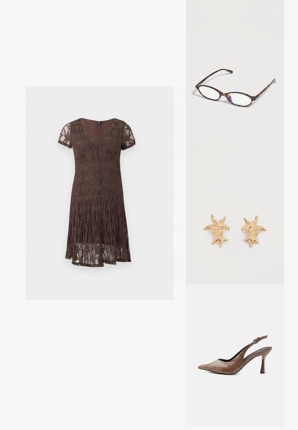 Robe courte en dentelle marron avec manches courtes, décolleté en V et motif floral, avec un détail de ourlet superposé.; Chaussure slingback en cuir marron à talons hauts, bout pointu, bride ajustable à boucle et talon fin et effilé.; Lunettes rectangulaires en écaille de tortue avec des montures fines et des verres transparents posées sur une surface claire.; Boucles d'oreilles dorées présentant deux formes d'étoiles de mer texturées, une plus grande et une plus petite, sur chaque boucle d'oreille sur fond blanc.