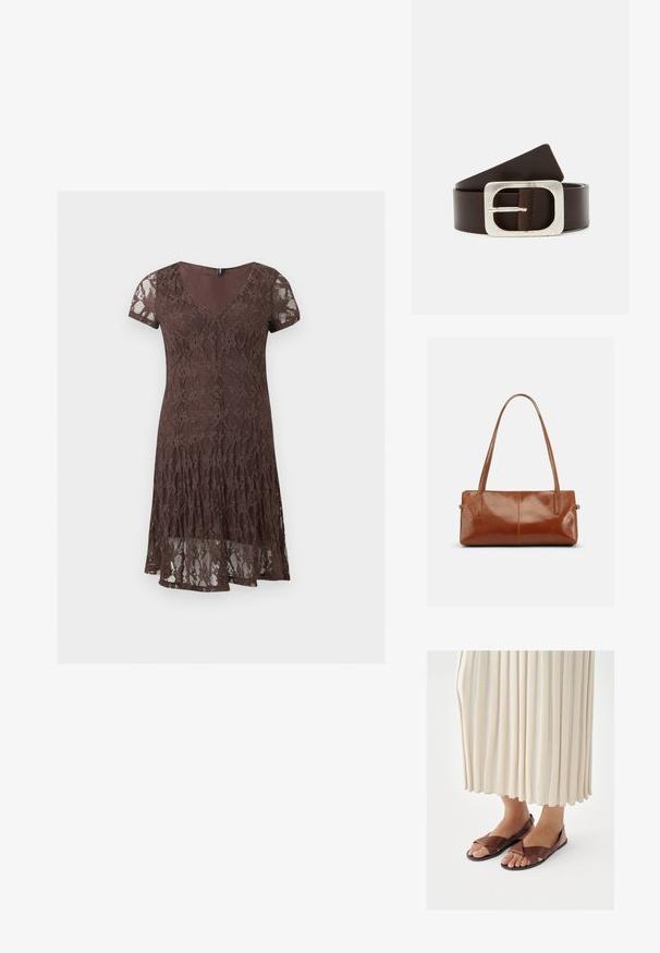 Robe courte en dentelle marron avec manches courtes, décolleté en V et motif floral, avec un détail de ourlet superposé.; Sandales en cuir marron avec un design à bride croisée, semelle plate et bout ouvert, associées à une jupe plissée crème.; Sac à main rectangulaire en cuir marron avec deux longues bandoulières, finition lisse et brillante, au design minimaliste sur un fond uni.; Ceinture en cuir marron avec une boucle rectangulaire en argent et une texture lisse, dotée d'une extrémité effilée pour un ajustement de taille.