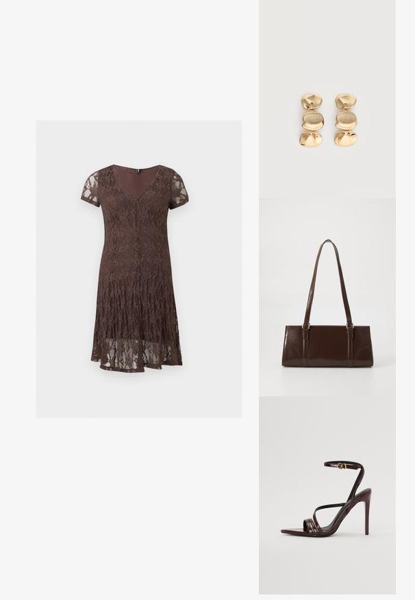 Robe courte en dentelle marron avec manches courtes, décolleté en V et motif floral, avec un détail de ourlet superposé.; Sandale à talons hauts en cuir verni bourgogne avec une bride de cheville, bout pointu et trois bandes horizontales sur le pied. Détail de boucle dorée.; Sac à main en cuir verni marron de forme rectangulaire, avec deux longues poignées et des accents courbés subtils à l'avant.; Boucles d’oreilles pendantes ton or avec trois segments irréguliers, lisses et arrondis empilés verticalement sur un fond clair uni.