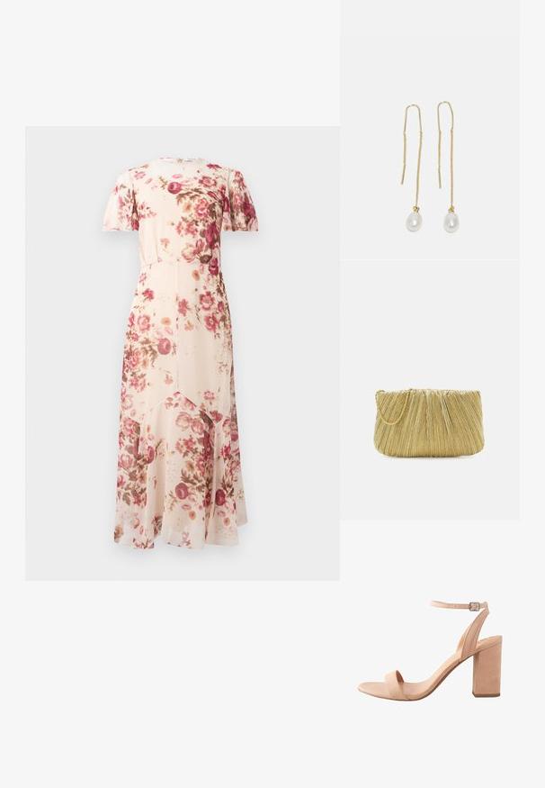 Robe midi crème à imprimé floral rose et marron, manches courtes, taille cintrée et ourlet asymétrique évasé.; Sandale à talon en daim rose clair avec une sangle de cheville, bout ouvert et talon bloc. Elle présente une texture lisse et un design minimaliste.; Loeffler Randall BRIT PLEATED FLAT - Pochette - gold-coloured; Boucles d'oreilles en métal doré avec de longs éléments en chaîne et deux pendentifs en perles blanches à l'extrémité. Les perles ont une forme ronde et lisse.