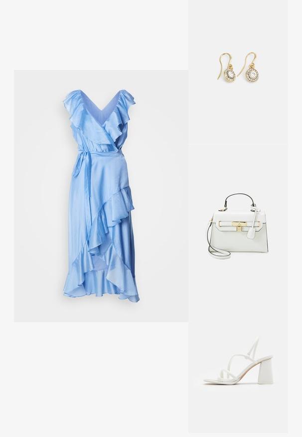 Vestido envolvente de color azul claro con mangas y dobladillo con volantes. Confeccionado en tela suave, cuenta con un cinturón ajustable en la cintura para un ajuste personalizable.; Sandalias de tacón blanco con cintas delgadas, punta cuadrada y tacón bloque grueso, con una textura suave y un diseño minimalista.; Bolso blanco con textura de cocodrilo, herrajes dorados, asa superior y correa de hombro desmontable; cuenta con un cierre de bloqueo y un diseño minimalista.; Pendientes en tono dorado con cristales transparentes en forma ovalada rodeados de piedras transparentes más pequeñas, con un diseño de gancho para un uso seguro.