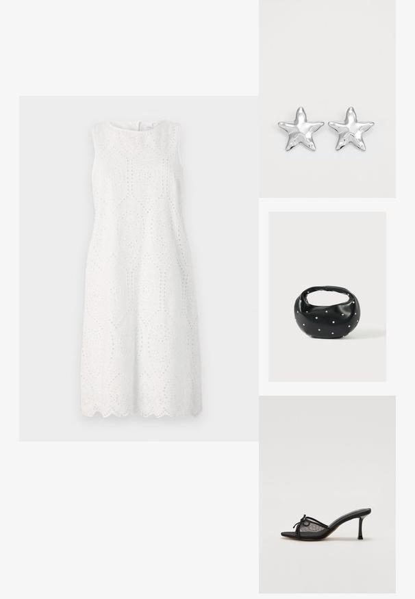 Witte mouwloze jurk met gaatjesborduurwerk, een gegolfde zoom, een ronde halslijn en een ontspannen silhouet.; Zwarte heeled mule met een bovenwerk van gaas, dunne bandjes en een decoratieve knoop. Heeft een slanke, puntige hak en een gestructureerde binnenzool.; Zwarte leren handtas met een afgeronde vorm, versierd met zilveren studs, en een korte handgreep. Gladde textuur en ritsluiting.; Zilveren stervormige oorbellen met een gepolijste, glanzende afwerking. Elke oorbel heeft vijf punten en subtiele textuurdetails op het oppervlak.