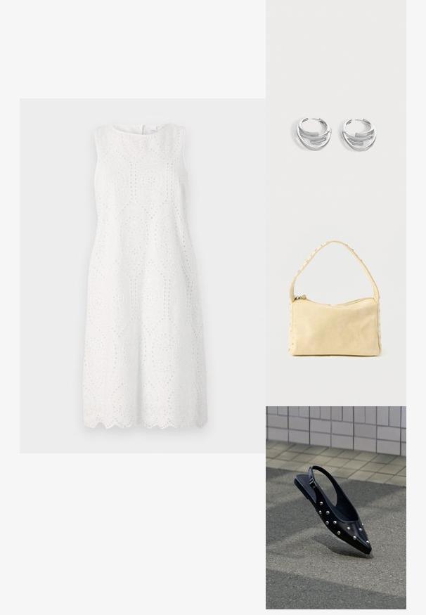 Weißes ärmelloses Kleid mit Lochstickerei und Wellenkante, rundem Ausschnitt und lockerer Silhouette.; Schwarzer, spitzer Slingback-Schuh mit silbernen Nieten, schwebt über Asphalt vor einem hintergrund aus gefliester Wand.; Kleine beige Ledertasche mit einem einzigen Riemen und silbernen Nieten entlang der Kanten und des Riemens, vor einem schlichten Hintergrund.; Paar polierte silberne Creolen mit geschichtetem, gebogenem Stabdesign auf einem einfarbigen hellen Hintergrund.