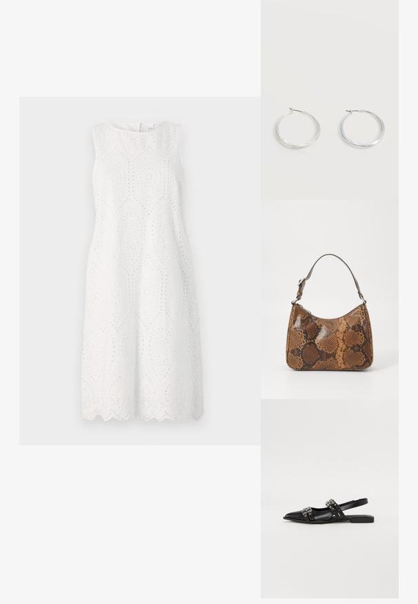 Witte mouwloze jurk met gaatjesborduurwerk, een gegolfde zoom, een ronde halslijn en een ontspannen silhouet.; Even&Odd by Zalando Slingback ballerina´s - black; Kleine handtas met een bruin en zwart slangenprintpatroon, korte verstelbare schouderriem en ritssluiting.; Zilverkleurige metalen creolen oorbellen met een glad, licht gebogen oppervlak en sluitingen met haaksluiting op een effen witte achtergrond.