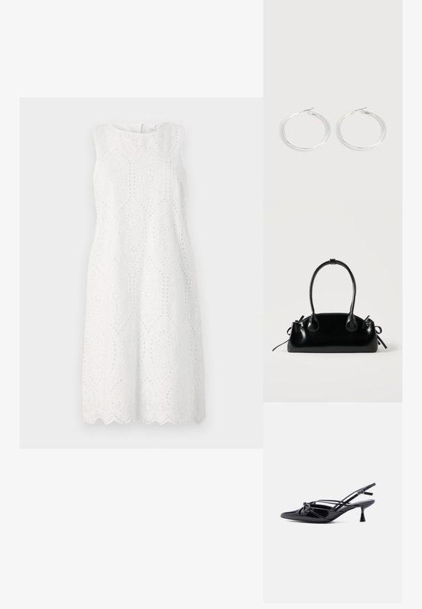 Witte mouwloze jurk met gaatjesborduurwerk, een gegolfde zoom, een ronde halslijn en een ontspannen silhouet.; Zwarte slingback pump van lakleer met een spits toelopende neus, lage kittenhak en decoratieve knoopstrik aan de voorkant.; Kleine zwarte glanzende handtas met twee lange hengsels en zijkant trekkoord details op een effen lichte achtergrond.; Een paar glanzende zilveren oorringen met dunne draadafsluitingen, getoond op een lichtgrijze achtergrond.