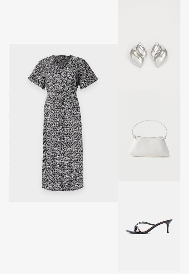 Vestido con estampado floral en blanco y negro, de manga corta, escote en V profundo, con botones en la parte delantera, hasta la rodilla, hecho de tela ligera, con un ajuste cómodo.; Sandalia de tacón de charol negro con tiras finas cruzadas y un tacón de aguja delgado de altura media, sobre un fondo blanco.; Bolso de mano de cuero blanco tejido con asa redondeada y extremos de la correa anudados, exhibido sobre un fondo liso.; Pendientes de plata con una forma orgánica y abstracta. Superficie lisa y brillante con un diseño cónico. Presentan suaves curvas y un detalle de línea central.