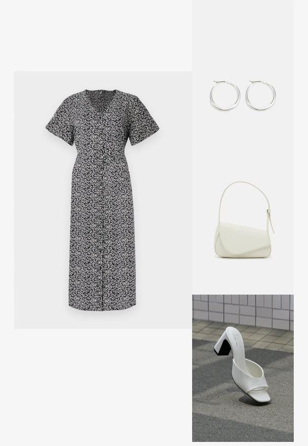 Vestido con estampado floral en blanco y negro, de manga corta, escote en V profundo, con botones en la parte delantera, hasta la rodilla, hecho de tela ligera, con un ajuste cómodo.; Un mule blanco de punta abierta con tacón cuadrado, sobre asfalto gris frente a una pared con azulejos.; Bolso de mano de imitación cuero blanco con una forma triangular estructurada, correa ajustable única y cierre con solapa acentuada en curva.; Los pendientes de aro de plata presentan un diseño suave y redondeado con un perfil delgado y un cierre seguro. Estilo minimalista con un acabado pulido.