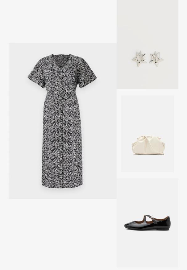 Vestido con estampado floral en blanco y negro, de manga corta, escote en V profundo, con botones en la parte delantera, hasta la rodilla, hecho de tela ligera, con un ajuste cómodo.; Zapato plano Mary Jane de charol negro con dos recortes y una correa con hebilla dorada sobre fondo blanco.; Bolso de mano de cuero suave de color crema con diseño fruncido y plisado y una delgada correa para el hombro que descansa delante sobre un fondo liso.; Pendientes de aro plateados en forma de estrella con un acabado liso y pulido sobre un fondo blanco liso.