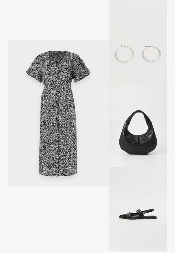 Vestido con estampado floral en blanco y negro, de manga corta, escote en V profundo, con botones en la parte delantera, hasta la rodilla, hecho de tela ligera, con un ajuste cómodo.; Even&Odd Bailarinas con tira trasera - black; Bolso de mano tejido en negro con un asa curvada, que presenta una superficie texturizada y una forma holgada. Acabado suave con una silueta orgánica.; Pendientes de aro de metal plateado con superficie lisa y ligeramente curvada y cierre de tipo mosquetón sobre un fondo blanco liso.