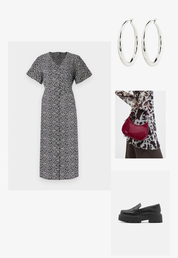 Vestido con estampado floral en blanco y negro, de manga corta, escote en V profundo, con botones en la parte delantera, hasta la rodilla, hecho de tela ligera, con un ajuste cómodo.; Mocasines de cuero negro con una suela de goma baja y gruesa, detalles de costura en la parte superior y una textura suave.; Mujer con blusa de estampado en blanco y negro sosteniendo un bolso de hombro rojo brillante sobre un fondo liso.; Pendientes de aro de plata con una superficie lisa y reflectante. Forma redonda y grande con un cierre seguro en la parte superior. El acabado pulido resalta el brillo.