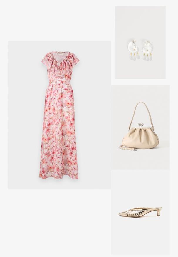 Blomstret maxi kjole i nuancer af pink. Har en flæsekrave, korte ærmer og en tætsiddende talje. Lavet af let, gennemsigtigt materiale.; Guldmetallisk mule med spids tå, lav kittenhæl og udskåret stribet design på oversiden.; Beige blød læderhåndtaske med en sølv metalramme-lukning, enkelt skulderstrop og en valgfri kæderem på en hvid baggrund.; Gennemsigtige øreringe i skalform af harpiks med små gyldne accenter og tre hængende gennemsigtige dråbeformede charms på hver ørering.