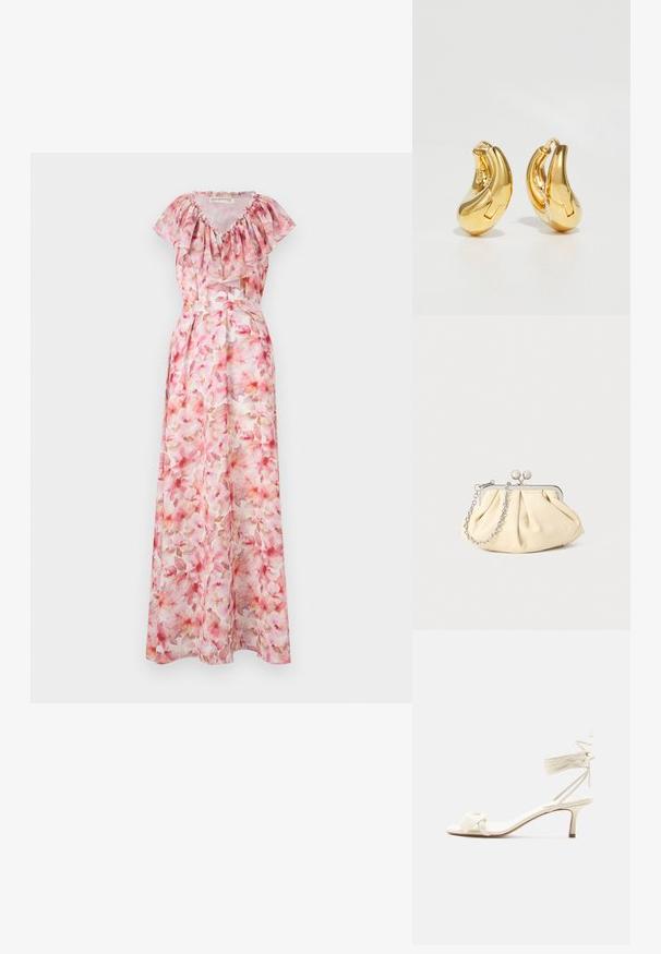 Blomstret maxi kjole i nuancer af pink. Har en flæsekrave, korte ærmer og en tætsiddende talje. Lavet af let, gennemsigtigt materiale.; Kremfarvet sandal med lave hæle, bindebånd om anklen og en bred snoet rem over tæerne på en ensartet hvid baggrund.; Plisseret beige læderclutch med en sølvmetalramme, der har to runde dekorative låse og en sølvkædetrasporte.; Guldringeøreringe med en glat, buet form og poleret overflade. Udstyret med en lukkeanordning og lette fordybninger for detaljer.
