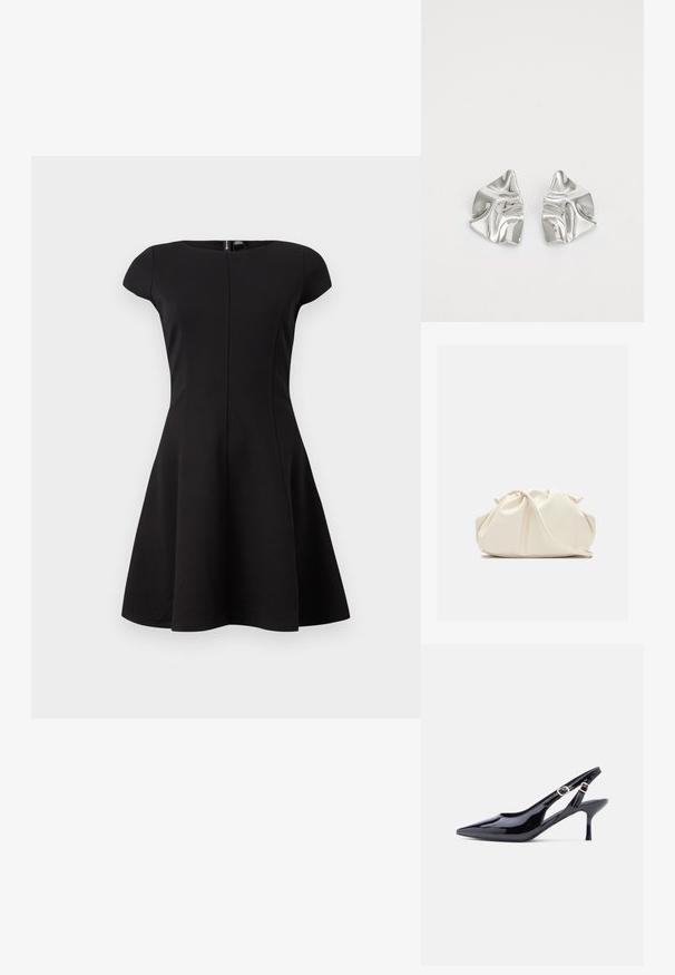 Schwarzes Kleid mit kurzen Ärmeln und tailliertem Oberteil sowie ausgestellt Rock. Glattes Material, knielanges Design und ein verdeckter Reißverschluss im Rücken.; Schwarzer Slingback-Schuh aus Lackleder mit spitzer Spitze, verstellbarem Schnallenriemen und schlankem, hohem Absatz. Verfügt über seitliche offene Ausschnittdesigns.; Weiche, cremefarbene Leder-Clutch mit gerafftem Design und einem dünnen Schulterriemen, der vorne auf einem schlichten Hintergrund liegt.; Silberne Metallohrringe mit einem wellenförmigen, skulpturalen Design, das eine polierte Oberfläche und unregelmäßige Formen aufweist, die eine zeitgenössische Ästhetik betonen.