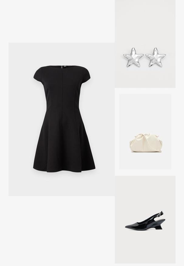 Vestido negro de manga corta con cuerpo ajustado y falda acampanada. Tela suave, diseño hasta la rodilla y cremallera trasera oculta.; Zapato slingback de cuero charol negro con puntera puntiaguda y tacón bajo en bloque inclinado sobre fondo claro liso.; Bolso de mano de cuero suave de color crema con diseño fruncido y plisado y una delgada correa para el hombro que descansa delante sobre un fondo liso.; Pendientes en forma de estrella plateada con una superficie pulida y brillante. Cada pendiente presenta cinco puntas y sutiles detalles de textura en la superficie.