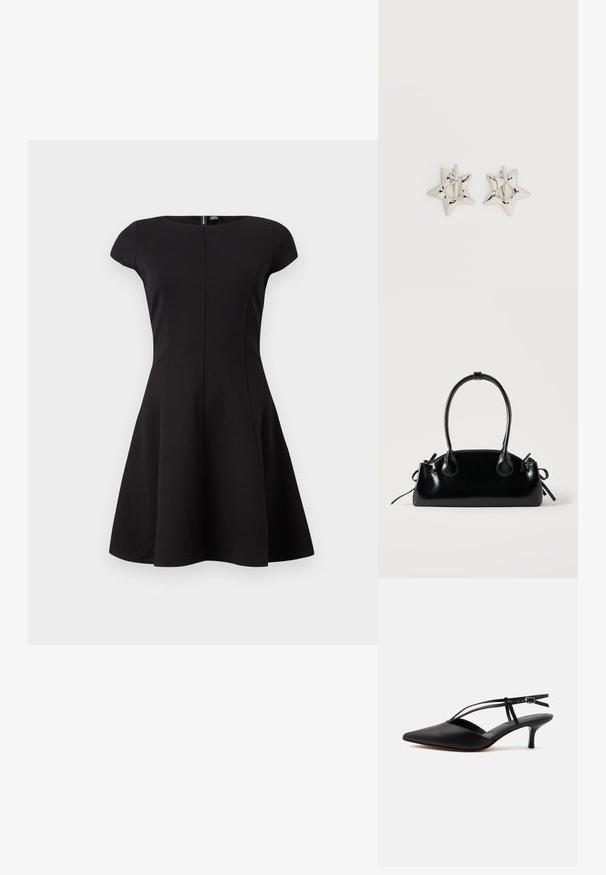 Schwarzes Kleid mit kurzen Ärmeln und tailliertem Oberteil sowie ausgestellt Rock. Glattes Material, knielanges Design und ein verdeckter Reißverschluss im Rücken.; Schwarzer Leder-Kitten-Heel mit spitzer Schuhspitze, dünnem Knöchelriemen und Schnalle, Slingback-Design, auf hellem einfarbigem Hintergrund.; Kleine schwarze glänzende Handtasche mit zwei langen Griffen und seitlichen Kordelzug-Details vor einfachem hellem Hintergrund.; Silberne, sternförmige Creolen mit einer glatten, polierten Oberfläche auf weißem, schlichtem Hintergrund.