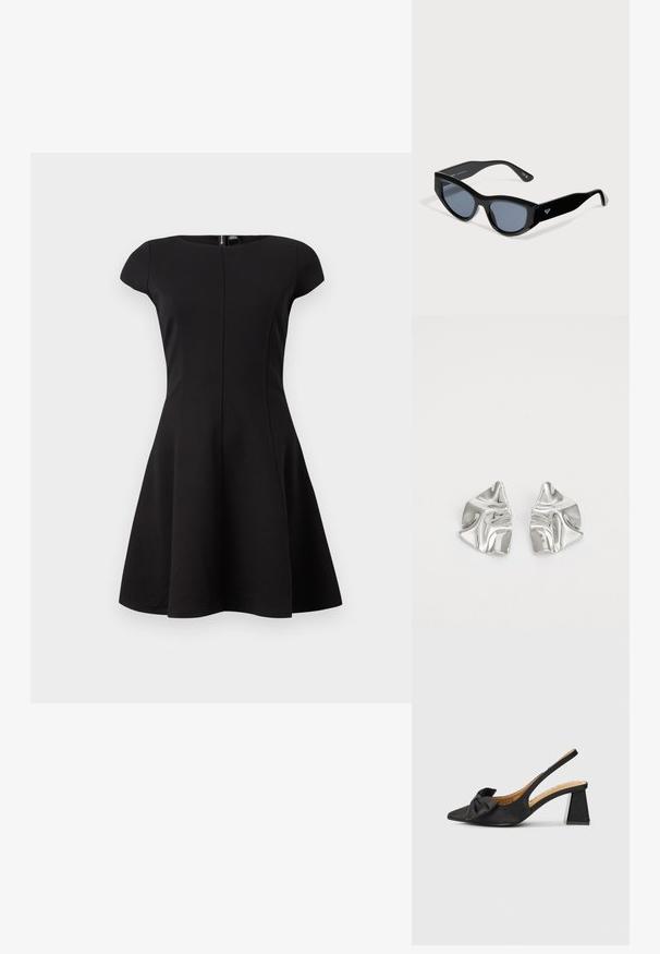 Schwarzes Kleid mit kurzen Ärmeln und tailliertem Oberteil sowie ausgestellt Rock. Glattes Material, knielanges Design und ein verdeckter Reißverschluss im Rücken.; Schwarzer Slingback-Schuh mit spitzer Spitze, verziert mit einer Stoffschleife und einem niedrigen Blockabsatz. Das Material wirkt glatt mit mattem Finish.; Schwarze Cateye-Sonnenbrille mit dunklen Gläsern und dicken Bügeln, mit einem kleinen weißen Logo auf einer Seite.; Silberne Metallohrringe mit einem wellenförmigen, skulpturalen Design, das eine polierte Oberfläche und unregelmäßige Formen aufweist, die eine zeitgenössische Ästhetik betonen.