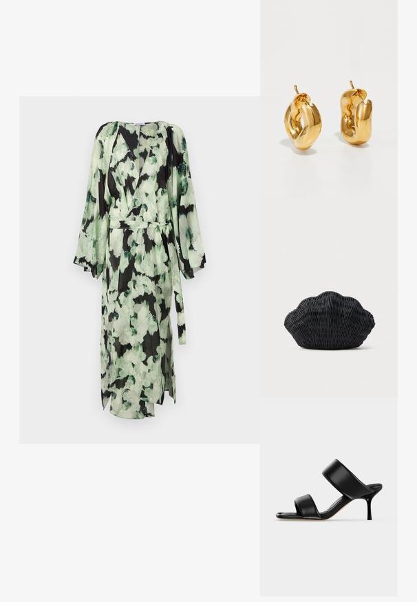 Robe longue verte et noire à motifs en tissu léger, dotée d'un décolleté en V, de manches larges et d'une ceinture à nouer à la taille pour un ajustement réglable.; Sandale mule en cuir noir avec deux larges brides et un talon stiletto fin de hauteur moyenne sur un fond clair uni.; Sac à main en osier noir en forme de coquille Saint-Jacques avec un dessus courbé et une texture tressée sur un fond uni.; Boucles d'oreilles créoles en or massif avec un design tubulaire légèrement tordu et des fermoirs à tige sur un fond blanc.