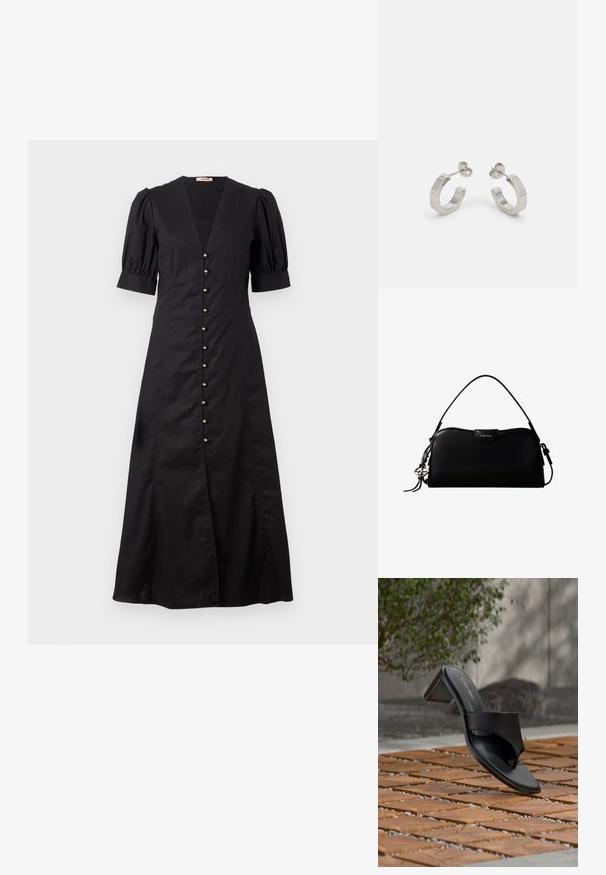 Schwarzes Midi-Kleid mit V-Ausschnitt und puffärmeligen kurzen Ärmeln, mit einer Reihe von goldenen Knöpfen auf der Vorderseite und einem Schlitz vorne.; Schwarze Calvin Klein Sandale mit Absatz und Zehenschlaufe auf einem Holzkachelfußboden im Freien neben einem Baum und einer Steinmauer.; Schwarze, rechteckige Calvin Klein Handtasche mit einem einzelnen Tragegriff oben, silbernem Logo-Anhänger und kleinem Klappverschluss auf der Vorderseite.; Silberne Metall-Hoops mit strukturiertem Design, ausgestattet mit einem kleinen Steckverschluss und Branding an einem Hoop. Abgerundete Form mit glänzender Oberfläche.