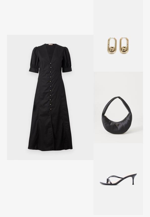 Vestido midi negro con escote en V y mangas cortas abullonadas, que presenta una fila de botones dorados en el frente y una abertura delantera.; Sandalia de tacón de charol negro con tiras finas cruzadas y un tacón de aguja delgado de altura media, sobre un fondo blanco.; Bolso de satén negro con forma curva, que cuenta con un cierre de cremallera y un logo triangular en metal en la parte delantera. Textura suave y diseño elegante.; BOSS DOUBLE B SWING - Pendientes - gold-coloured