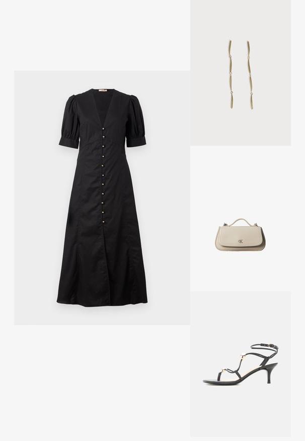 Schwarzes Midi-Kleid mit V-Ausschnitt und puffärmeligen kurzen Ärmeln, mit einer Reihe von goldenen Knöpfen auf der Vorderseite und einem Schlitz vorne.; Schwarze Riemchensandale mit mittelhohem Absatz, goldenen Akzentperlen und einem Knöchelriemen mit Schnalle auf weißem Hintergrund.; Kleine beigefarbene Lederhandtasche mit oberem Griff und silbernem CK-Logo auf der Frontklappe, vor weißem Hintergrund dargestellt.; Lange goldene Ohrringe, bestehend aus vier verlängerten verbundenen gebogenen Stäben auf weißem Hintergrund.