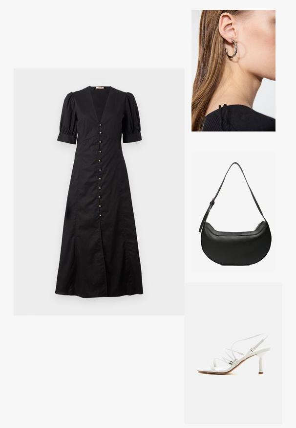 Vestido midi negro con escote en V y mangas cortas abullonadas, que presenta una fila de botones dorados en el frente y una abertura delantera.; Sandalia blanca de tacón alto con tiras finas, detalles plateados, puntera cuadrada y un tacón delgado de altura media sobre un fondo blanco liso.; Bolso de cuero negro con forma de media luna, con una larga correa ajustable y cierre superior con cremallera.; Pendiente de aro de plata con un acabado pulido, que presenta pequeños detalles en dorado y una forma redonda, llevado en el lóbulo.