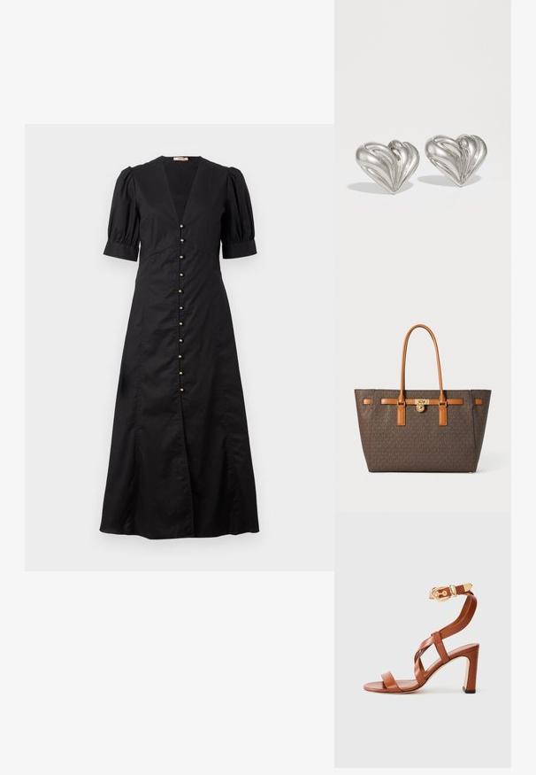 Vestido midi negro con escote en V y mangas cortas abullonadas, que presenta una fila de botones dorados en el frente y una abertura delantera.; Sandal de tacón de cuero marrón con diseño de tiras y hebilla en el tobillo. Presenta un talón cerrado y un tacón alto y grueso. Textura suave.; Bolsa de tote marrón con monograma y acentos de cuero caramelo, herrajes dorados, dos asas largas y un diseño estructurado.; Pendientes en forma de corazón de plata con un diseño de ondas texturizadas y un pequeño acento en forma de domo en el centro. Acabado metálico liso con una calidad reflectante.
