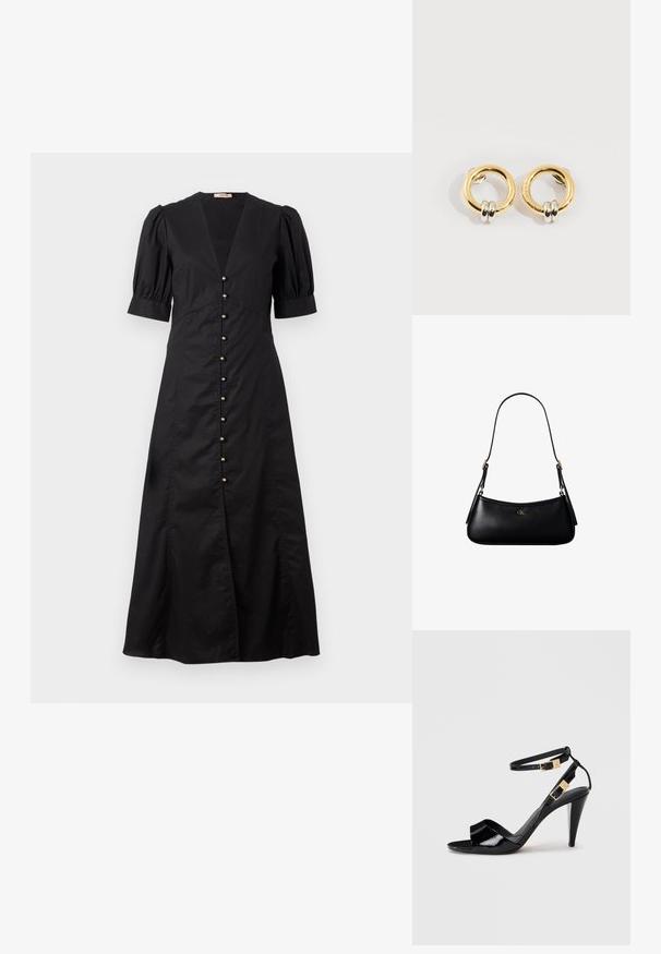 Vestido midi negro con escote en V y mangas cortas abullonadas, que presenta una fila de botones dorados en el frente y una abertura delantera.; Sандalia de tacón alto de charol negro con dobles correas en el tobillo y hebillas doradas, punta abierta y tacón delgado y afilado sobre un fondo neutro.; Mini bolso negro de cuero para hombro con correa delgada y pequeño logo dorado CK en el centro frontal.; Pendientes circulares de oro con dos pequeños anillos de plata en cada uno, que muestran detalles sutiles del nombre de la marca grabado, colocados sobre un fondo blanco.
