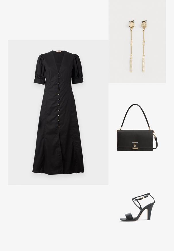 Schwarzes Midi-Kleid mit V-Ausschnitt und puffärmeligen kurzen Ärmeln, mit einer Reihe von goldenen Knöpfen auf der Vorderseite und einem Schlitz vorne.; Schwarze Sandale mit hohem Absatz, dünnem Knöchelriemen, goldener Schnalle, offenem Zehenbereich und Blockabsatz, seitlich auf weißem Hintergrund dargestellt.; Schwarze, strukturierte Lederhandtasche mit einem Tragegriff oben, goldfarbenem Verschluss mit ineinander verschlungenem TH-Logo und abnehmbarem Schulterriemen.; Goldfarbene Ohrhänger mit klaren Rhinestones, die in einem rechteckigen Balken eingebettet sind. Das Design umfasst eine Kettenverbindung und einen Steckverschluss.
